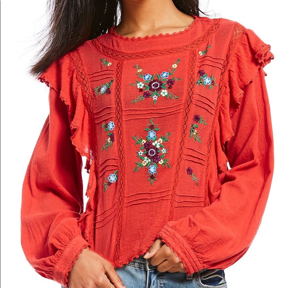 free people red floral embroidered top